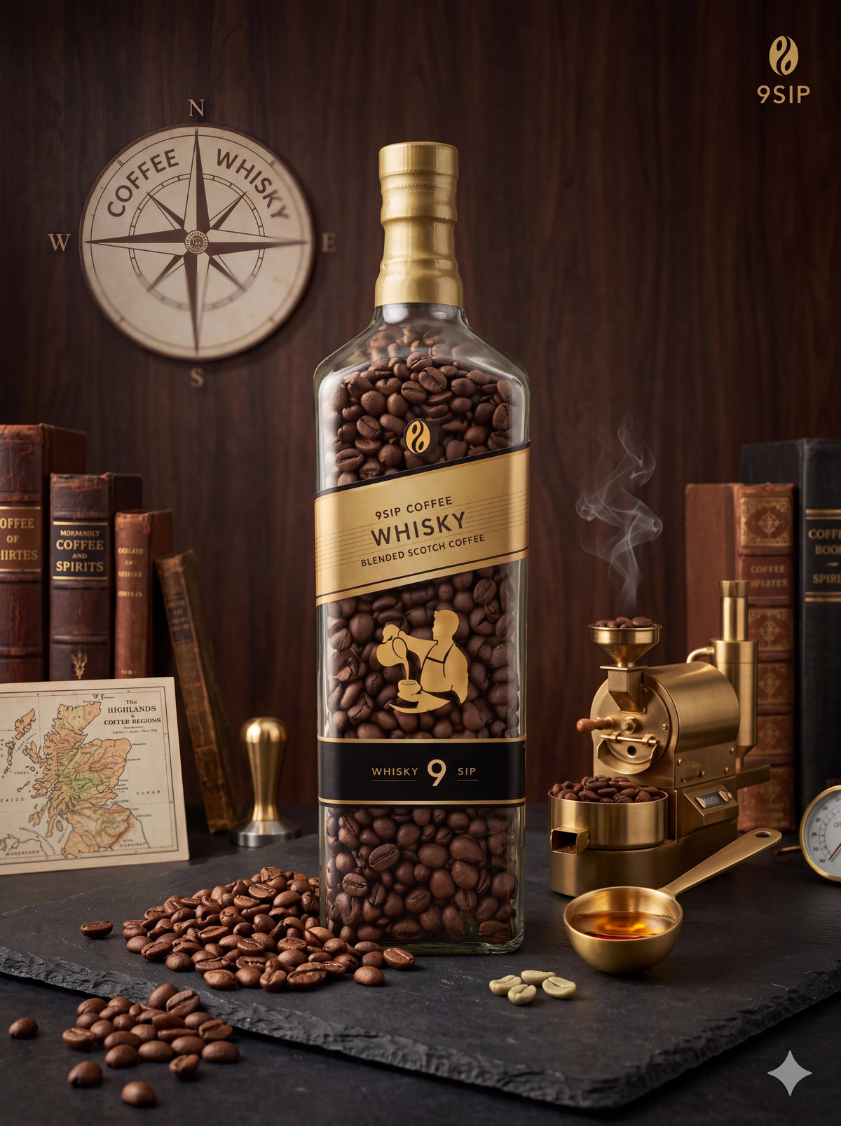 9SIP Whisky – Whiskey Flavoured Coffee Beans, Medium Roast (300g)