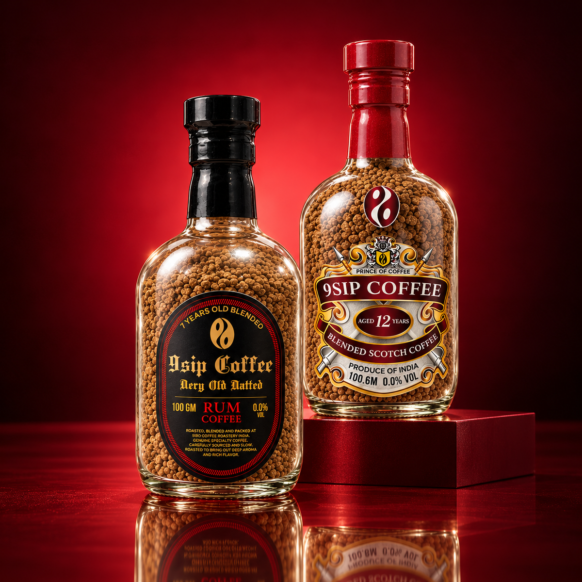9SIP Rum and Whiskey coffee bottles on red podium