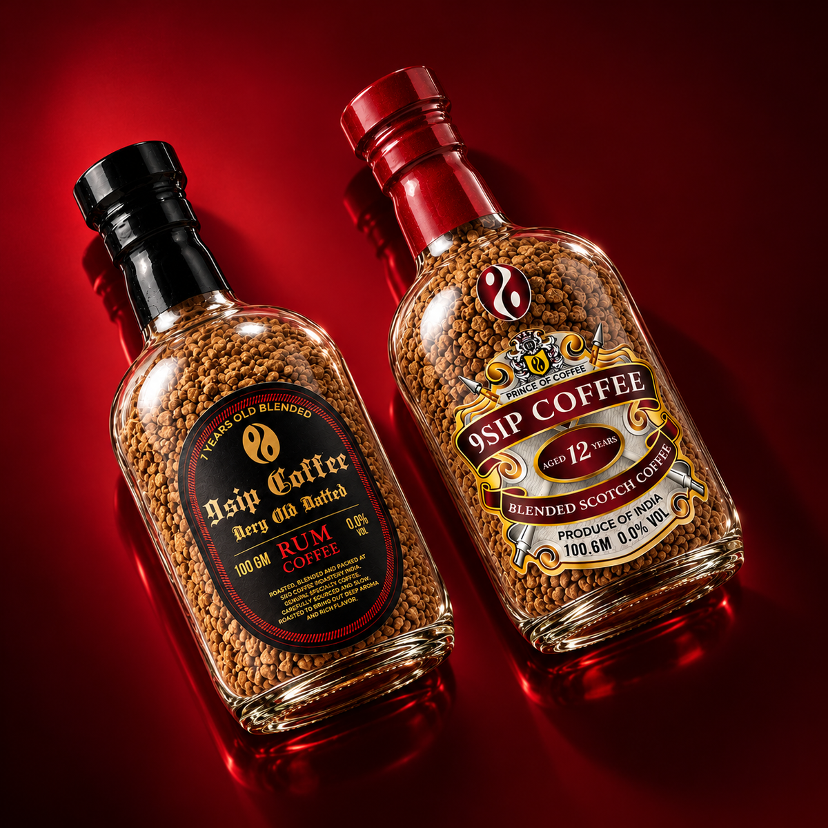 9SIP Whiskey and Rum coffee bottles lying flat