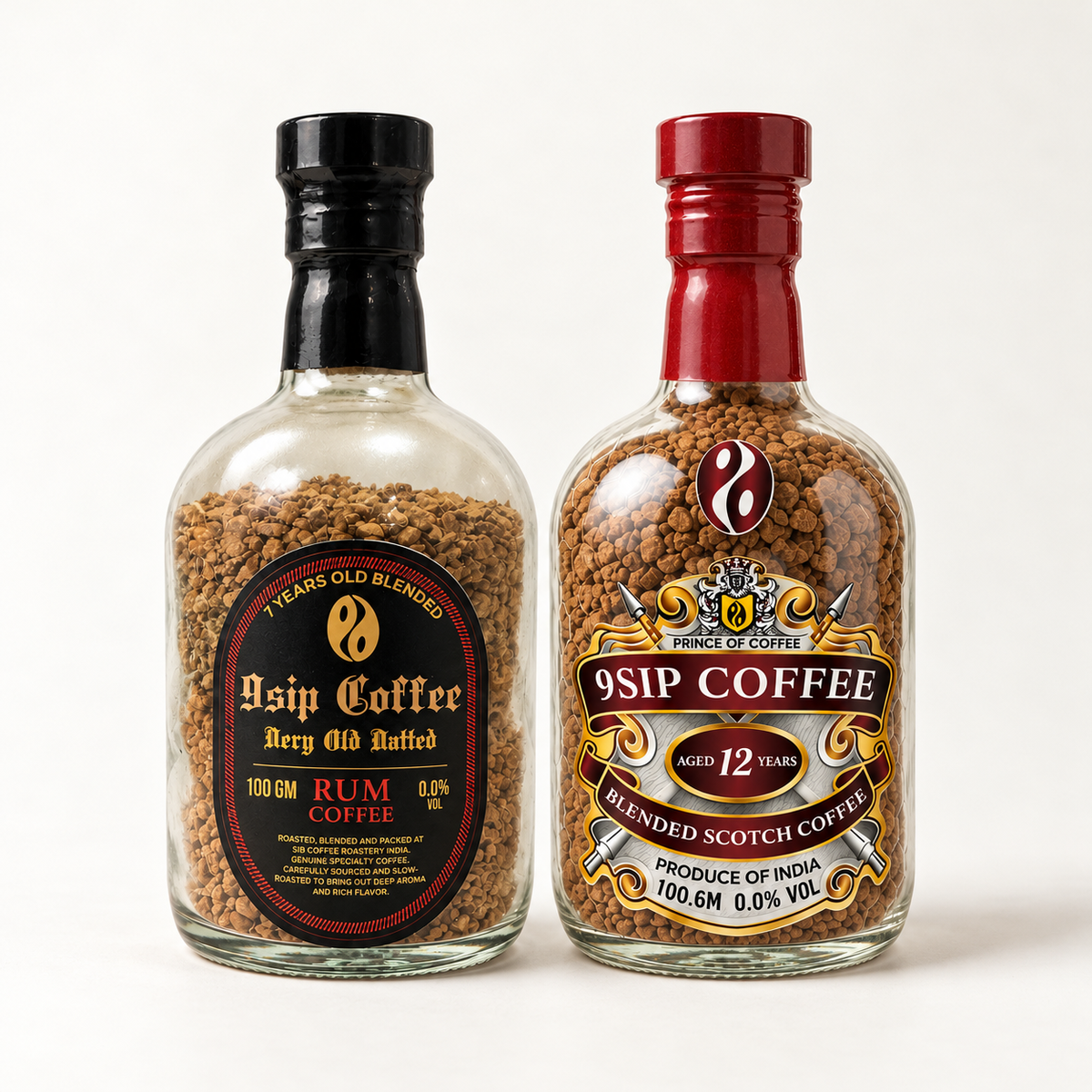 9SIP Whiskey and Rum coffee bottles on white background