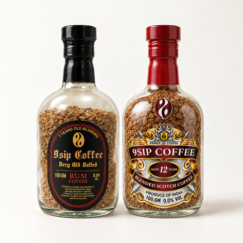 9SIP Whiskey and Rum coffee bottles on white background